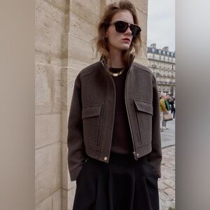 Zara funnel neck cropped wool like jacket military medium 3046/372/700 brown